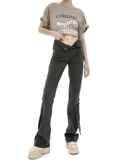 ANYQUESTION Three Tone High Waist Ribbon Tie Cargo Leg Slimming Women&