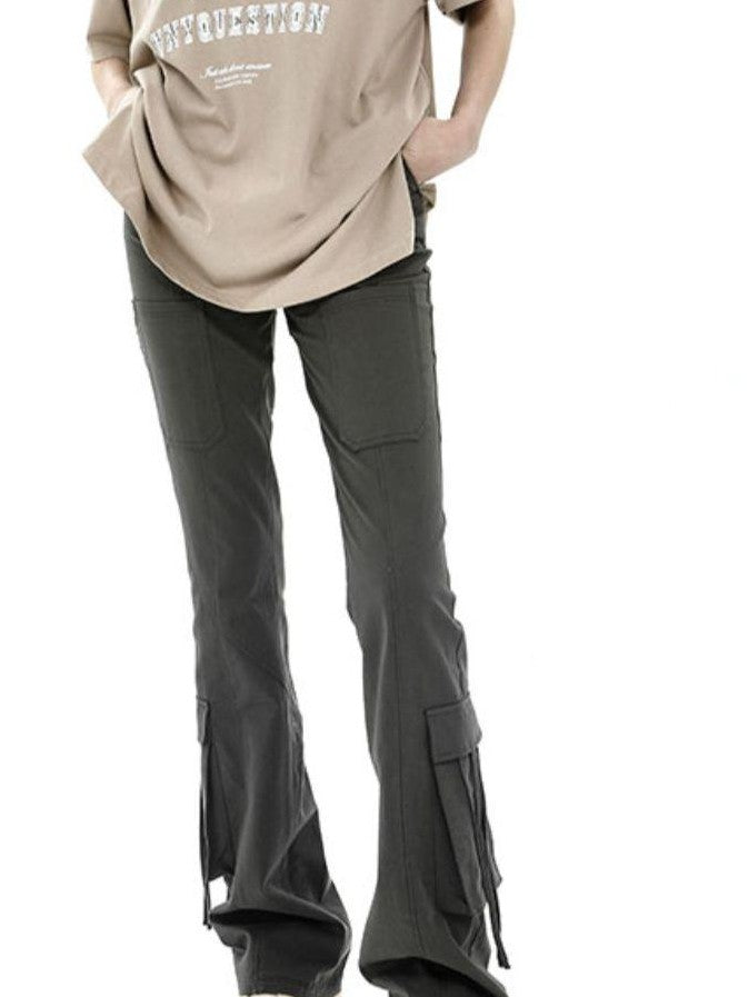 ANYQUESTION Three Tone High Waist Ribbon Tie Cargo Leg Slimming Women&