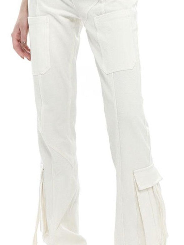ANYQUESTION Three Tone High Waist Ribbon Tie Cargo Leg Slimming Women&