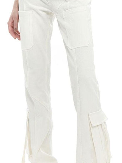 ANYQUESTION Three Tone High Waist Ribbon Tie Cargo Leg Slimming Women&