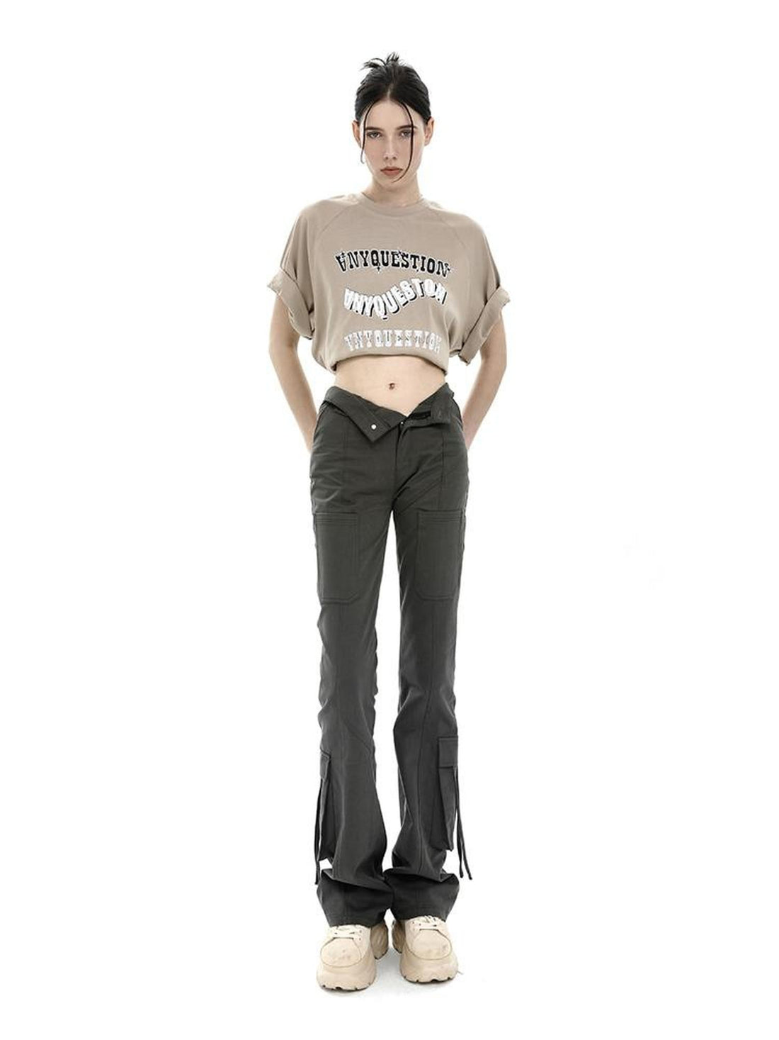ANYQUESTION Three Tone High Waist Ribbon Tie Cargo Leg Slimming Women&