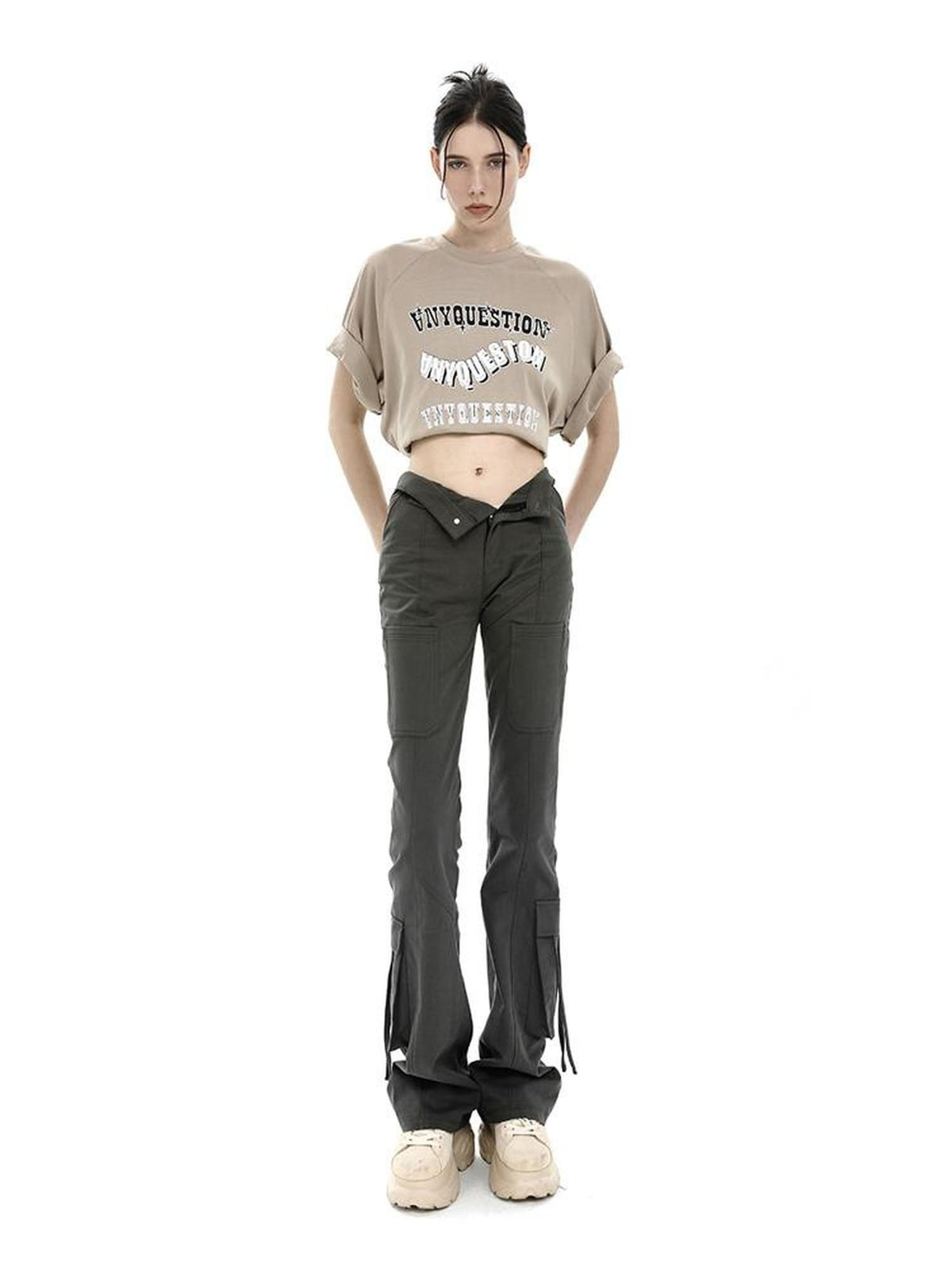 ANYQUESTION Three Tone High Waist Ribbon Tie Cargo Leg Slimming Women&