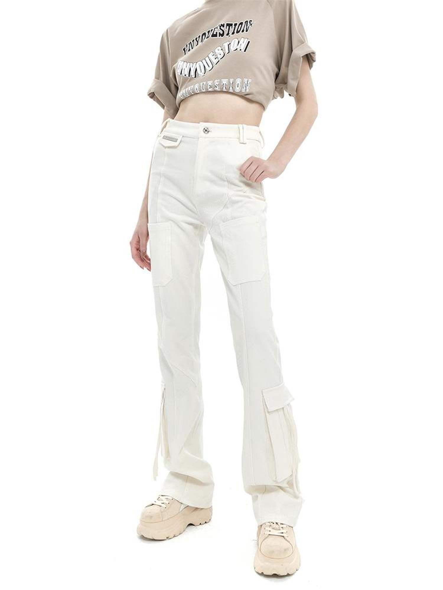 ANYQUESTION Three Tone High Waist Ribbon Tie Cargo Leg Slimming Women&
