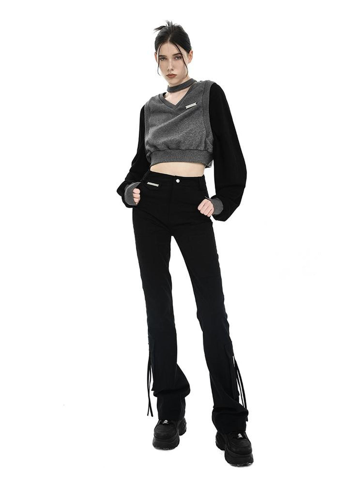 ANYQUESTION Three Tone High Waist Ribbon Tie Cargo Leg Slimming Women&