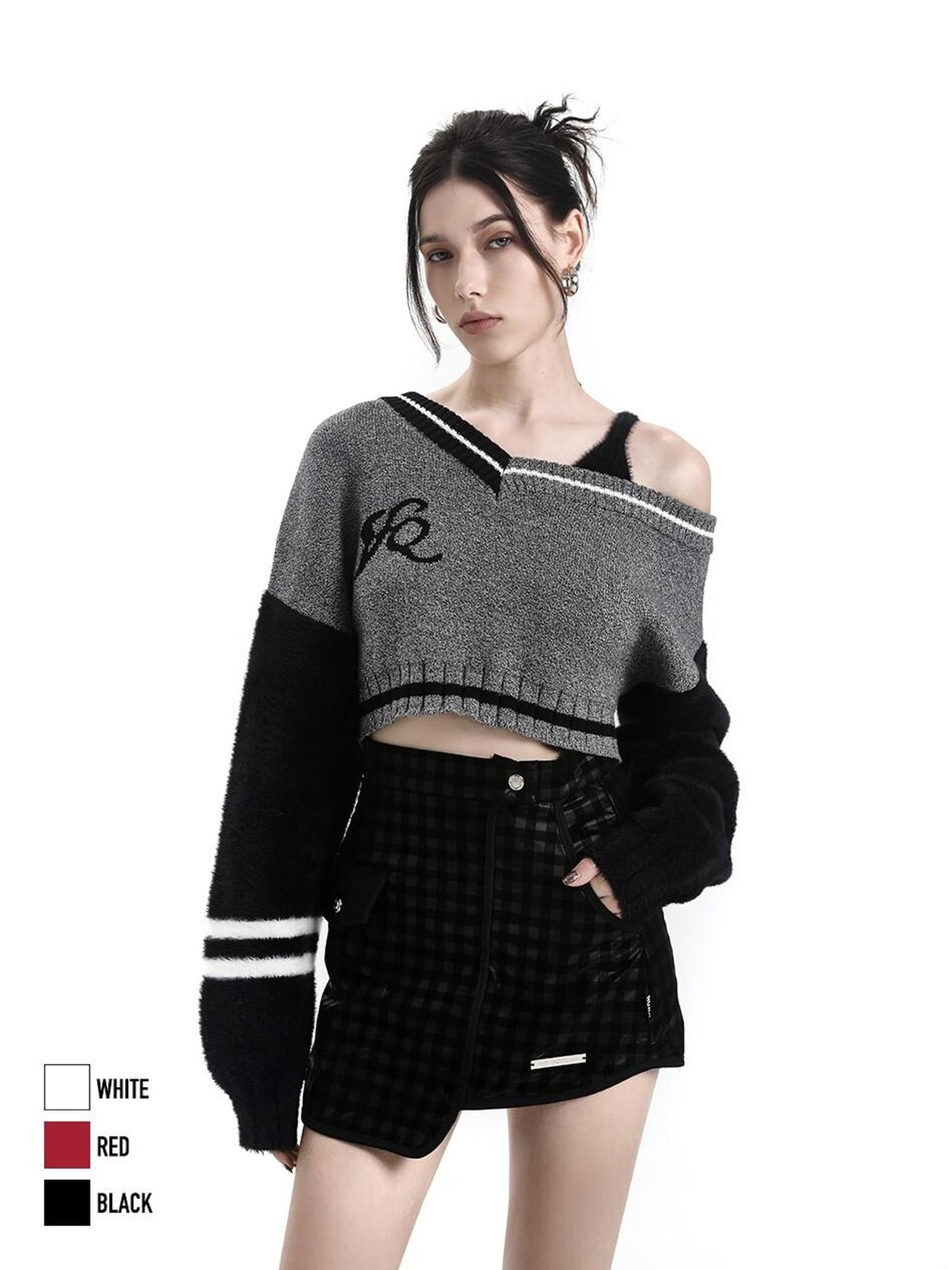 ANYQUESTION Tri Color Patchwork Off Shoulder Cropped Women&