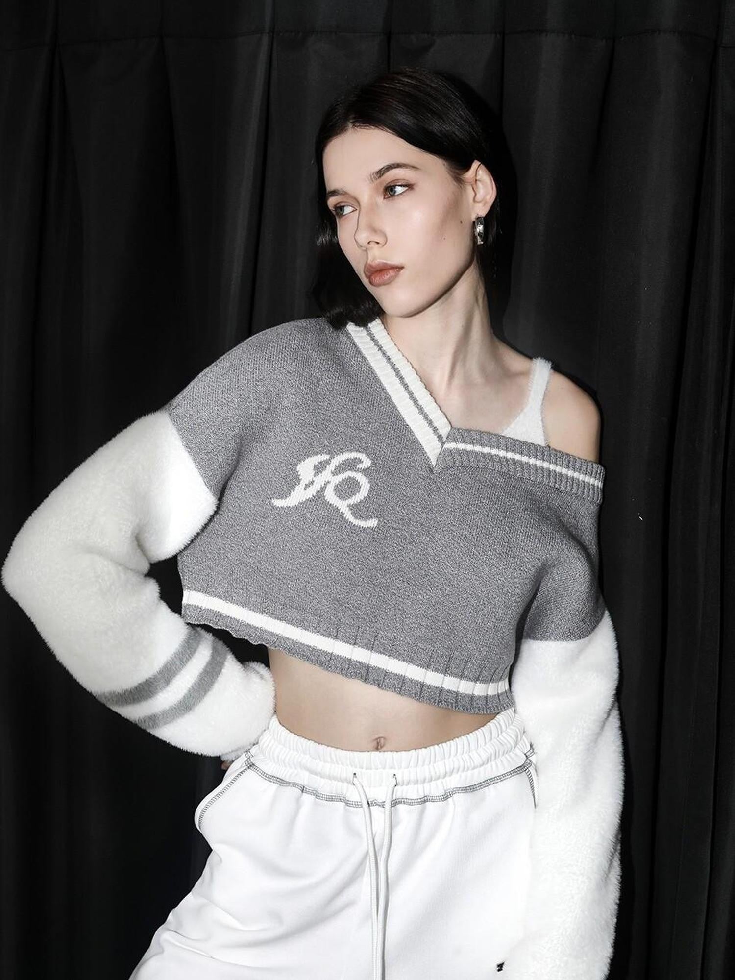ANYQUESTION Tri Color Patchwork Off Shoulder Cropped Women&