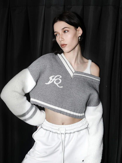 ANYQUESTION Tri Color Patchwork Off Shoulder Cropped Women&