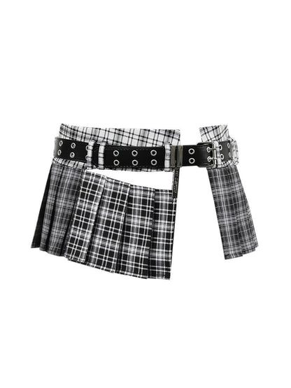 ANYQUESTION_Tricolor_Check_Patchwork_Pleated_Grommet_Adjustable_Women&