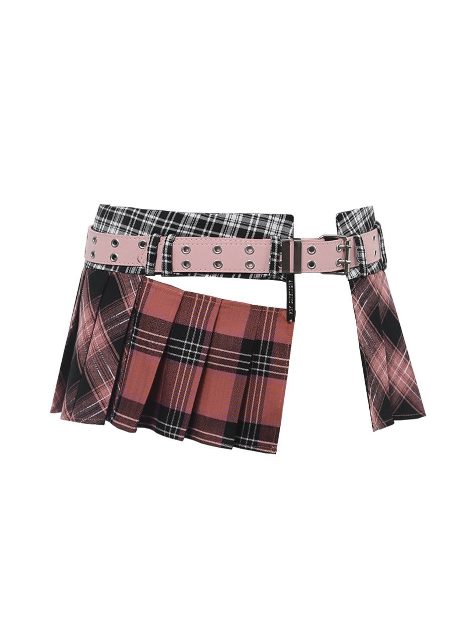 ANYQUESTION_Tricolor_Check_Patchwork_Pleated_Grommet_Adjustable_Women&