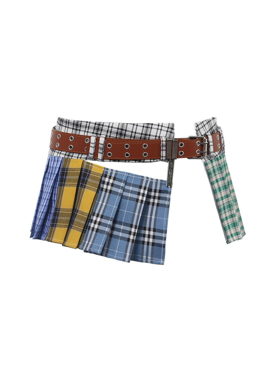 ANYQUESTION_Tricolor_Check_Patchwork_Pleated_Grommet_Adjustable_Women&