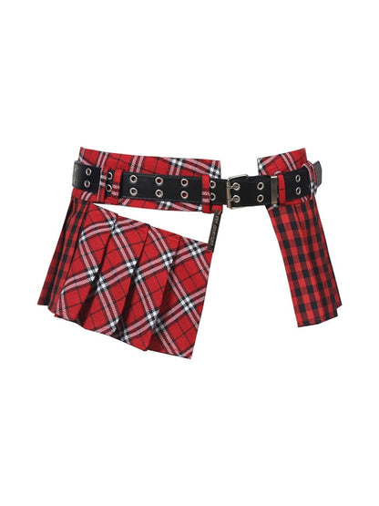 ANYQUESTION_Tricolor_Check_Patchwork_Pleated_Grommet_Adjustable_Women&