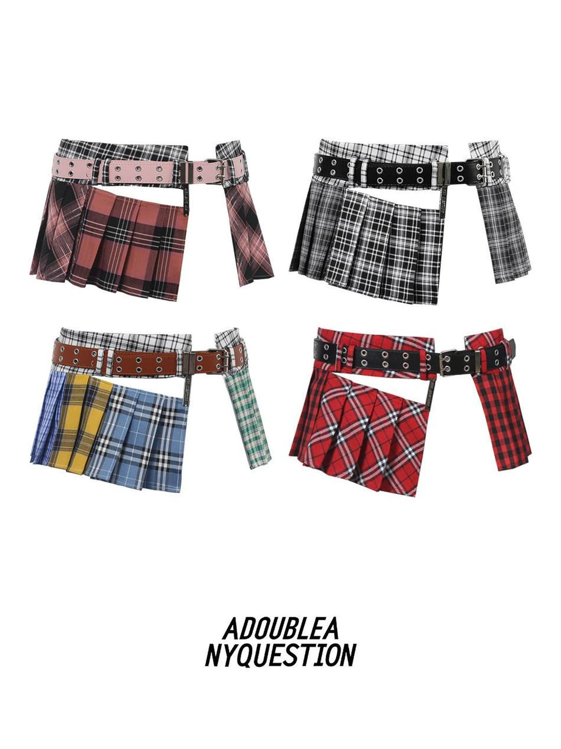 ANYQUESTION Tricolor Check Patchwork Pleated Grommet Adjustable Women&