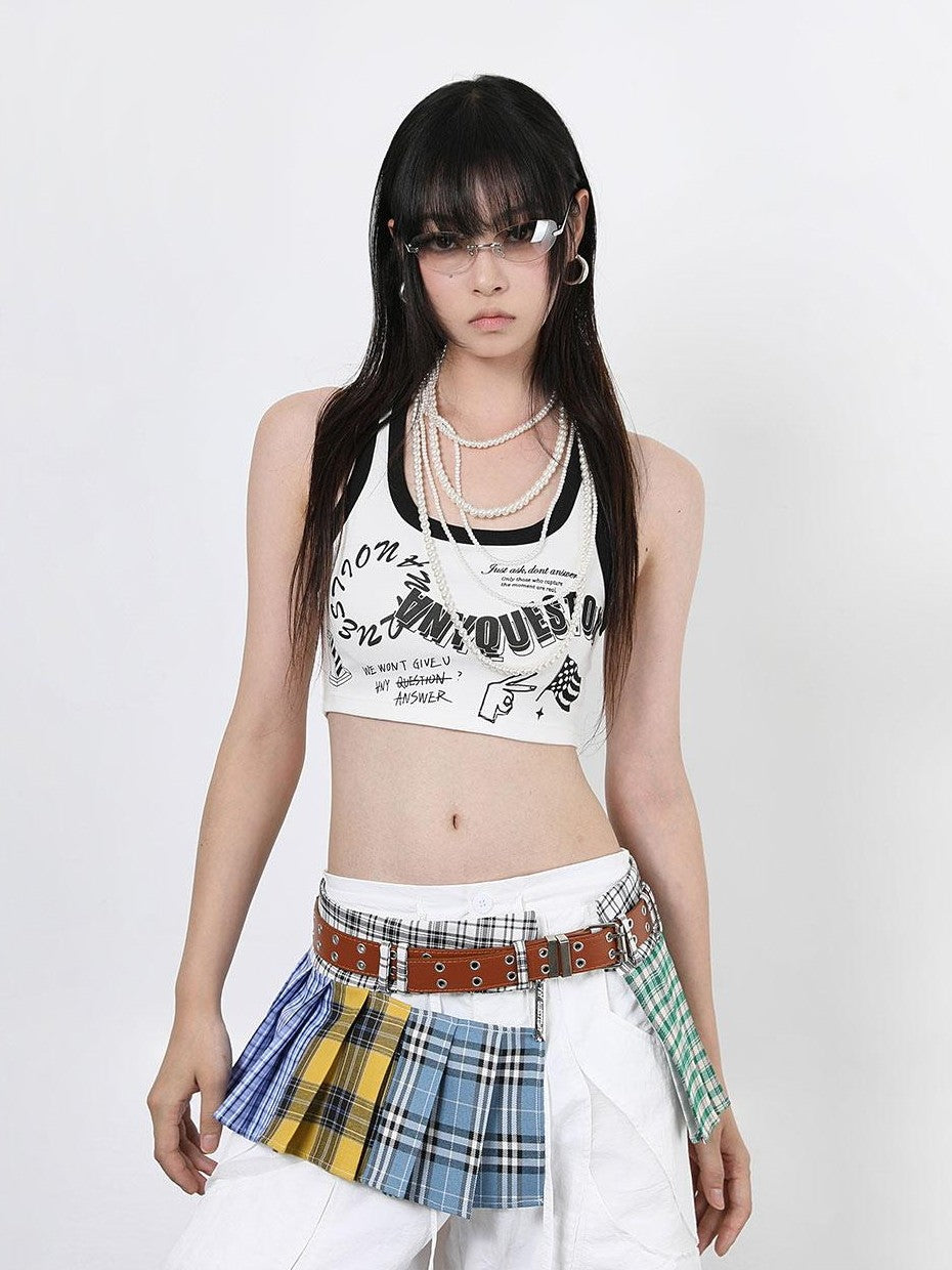 ANYQUESTION Tricolor Check Patchwork Pleated Grommet Adjustable Women&