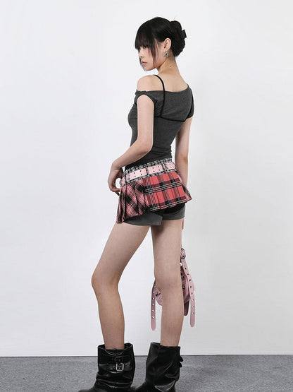 ANYQUESTION Tricolor Check Patchwork Pleated Grommet Adjustable Women&
