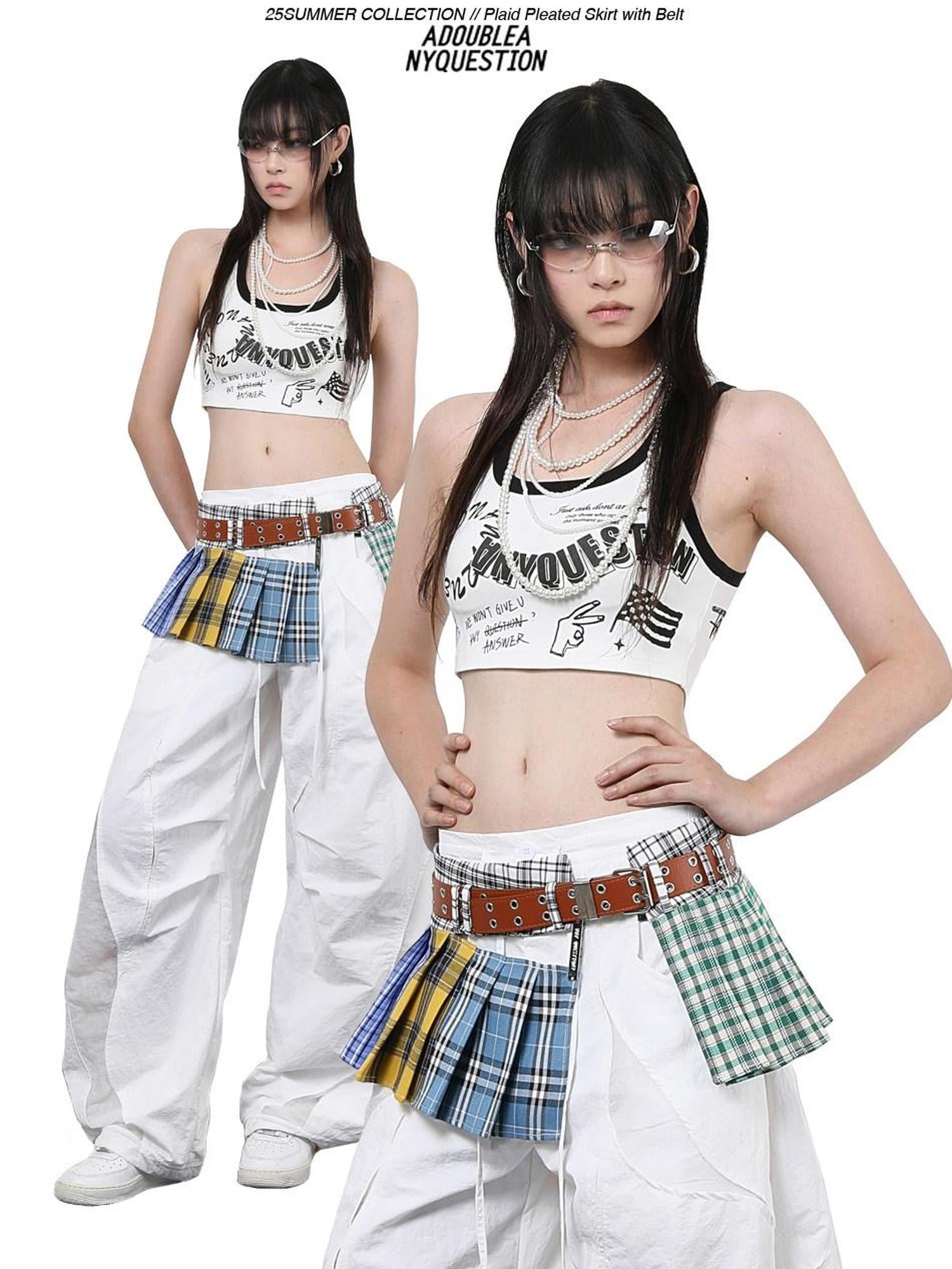 ANYQUESTION Tricolor Check Patchwork Pleated Grommet Adjustable Women&