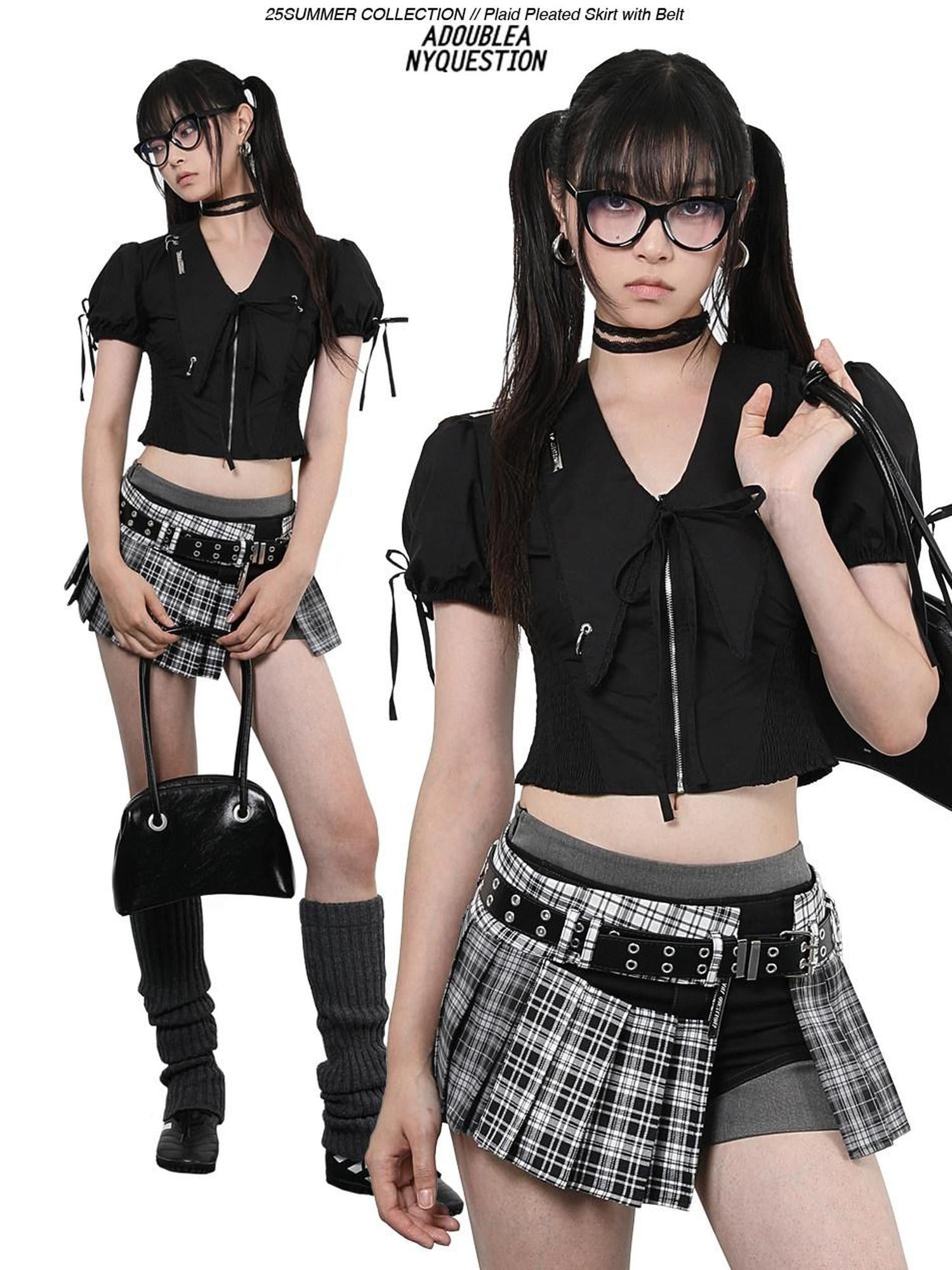 ANYQUESTION Tricolor Check Patchwork Pleated Grommet Adjustable Women&