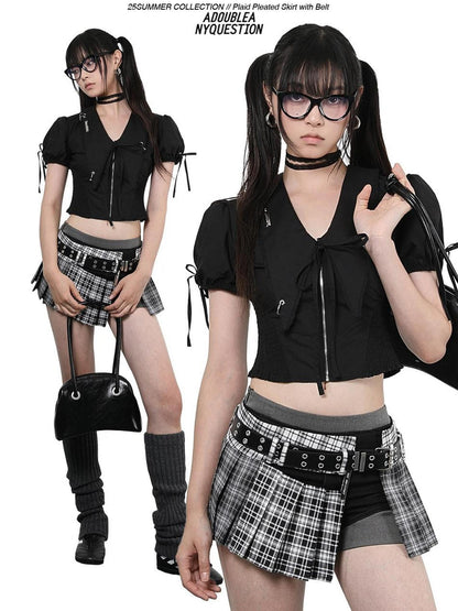 ANYQUESTION Tricolor Check Patchwork Pleated Grommet Adjustable Women&