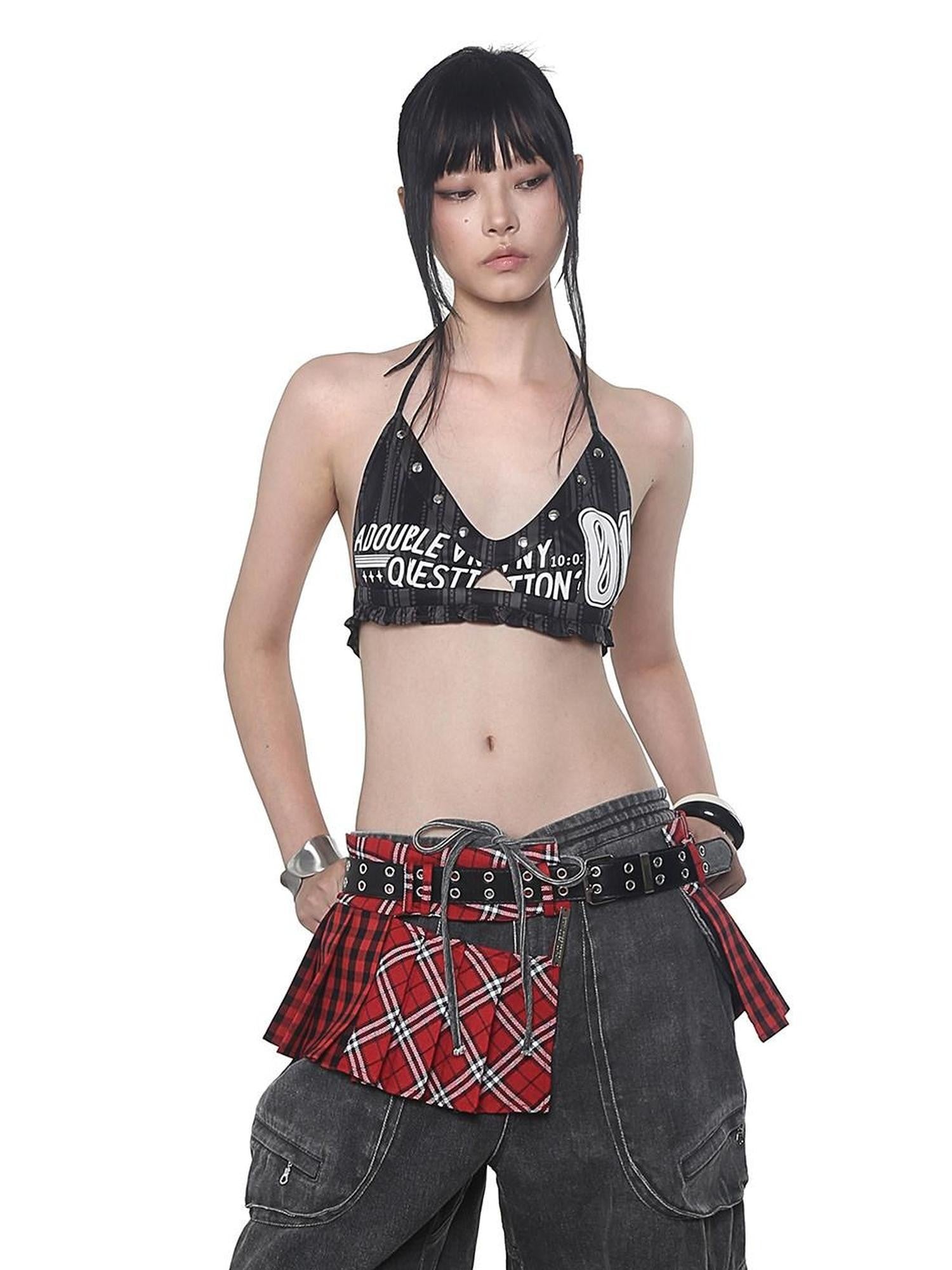 ANYQUESTION Tricolor Check Patchwork Pleated Grommet Adjustable Women&