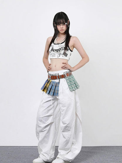 ANYQUESTION Tricolor Check Patchwork Pleated Grommet Adjustable Women&
