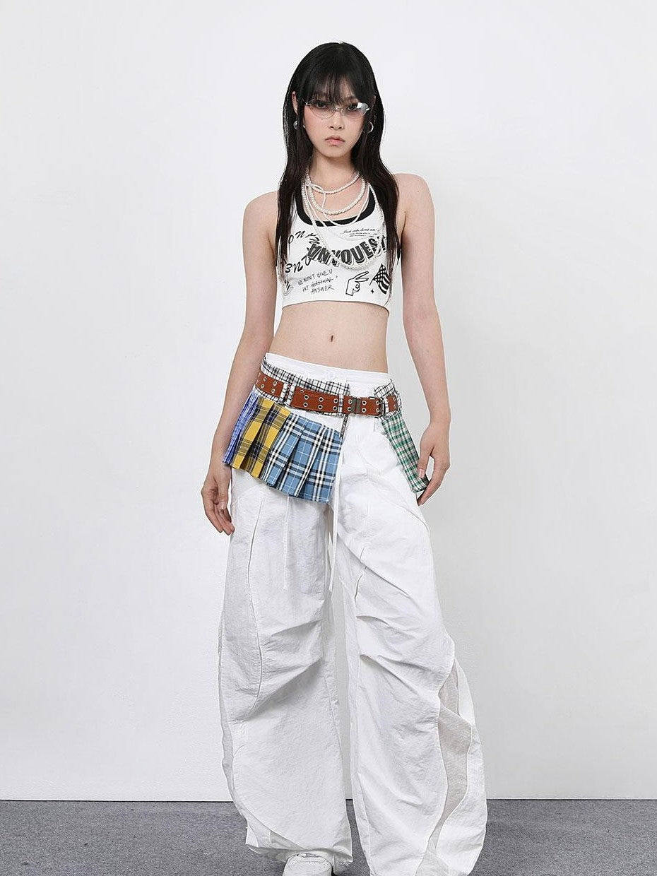 ANYQUESTION Tricolor Check Patchwork Pleated Grommet Adjustable Women&