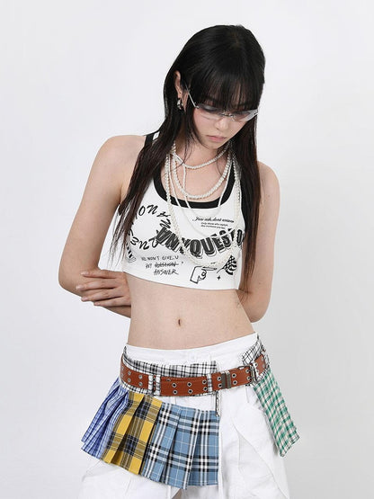 ANYQUESTION Tricolor Check Patchwork Pleated Grommet Adjustable Women&