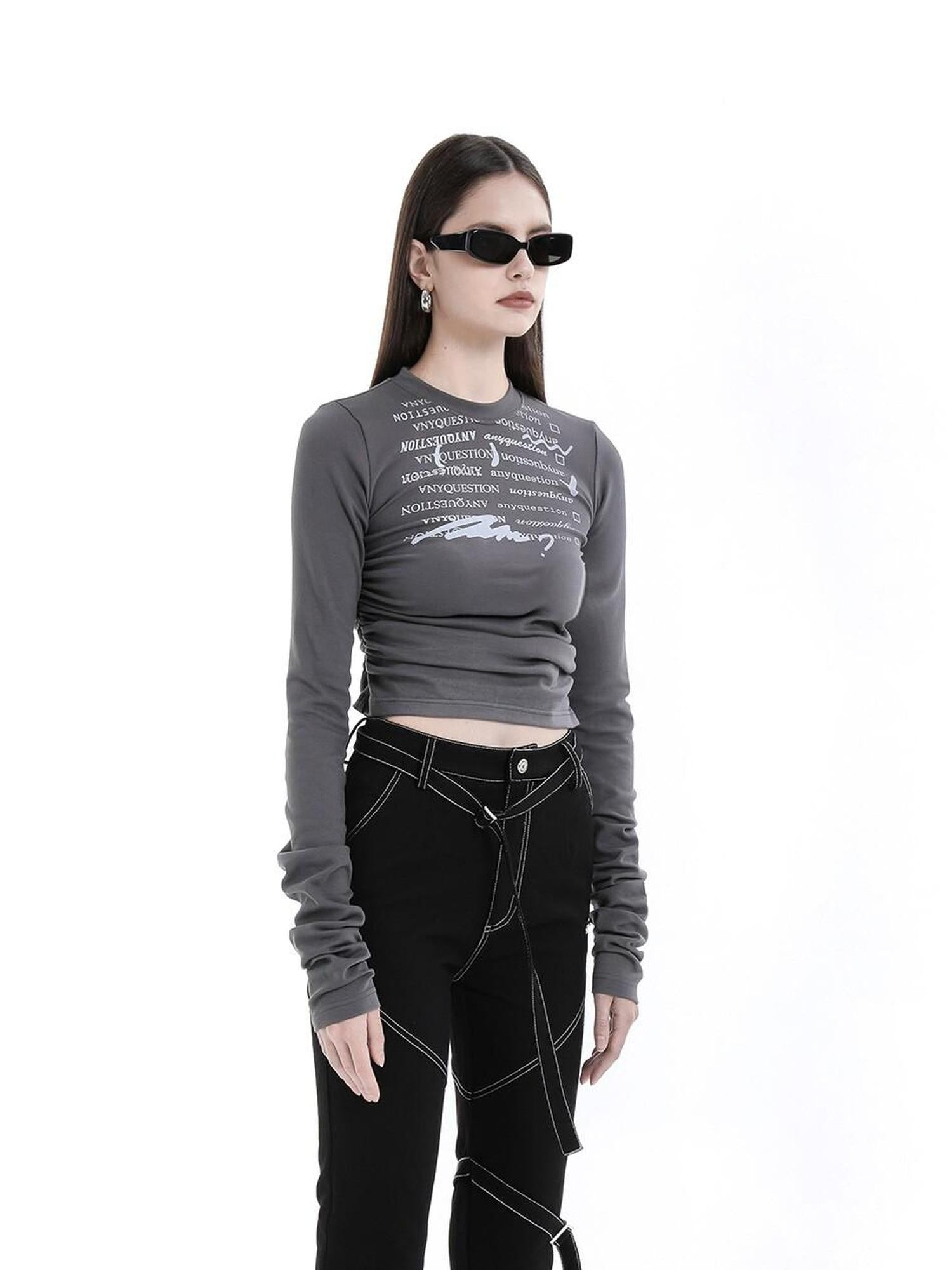 ANYQUESTION Two Tone Gray White Printed Ruched Slim Fit Women&
