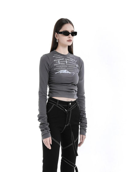 ANYQUESTION Two Tone Gray White Printed Ruched Slim Fit Women&