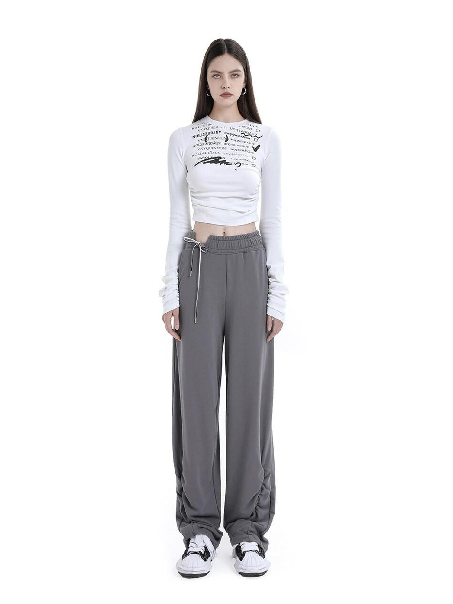 ANYQUESTION Two Tone Gray White Printed Ruched Slim Fit Women&