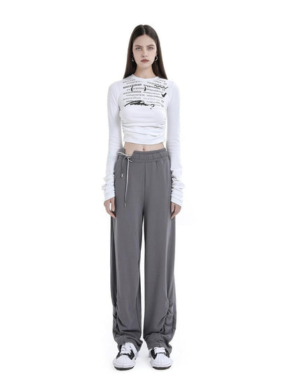 ANYQUESTION Two Tone Gray White Printed Ruched Slim Fit Women&