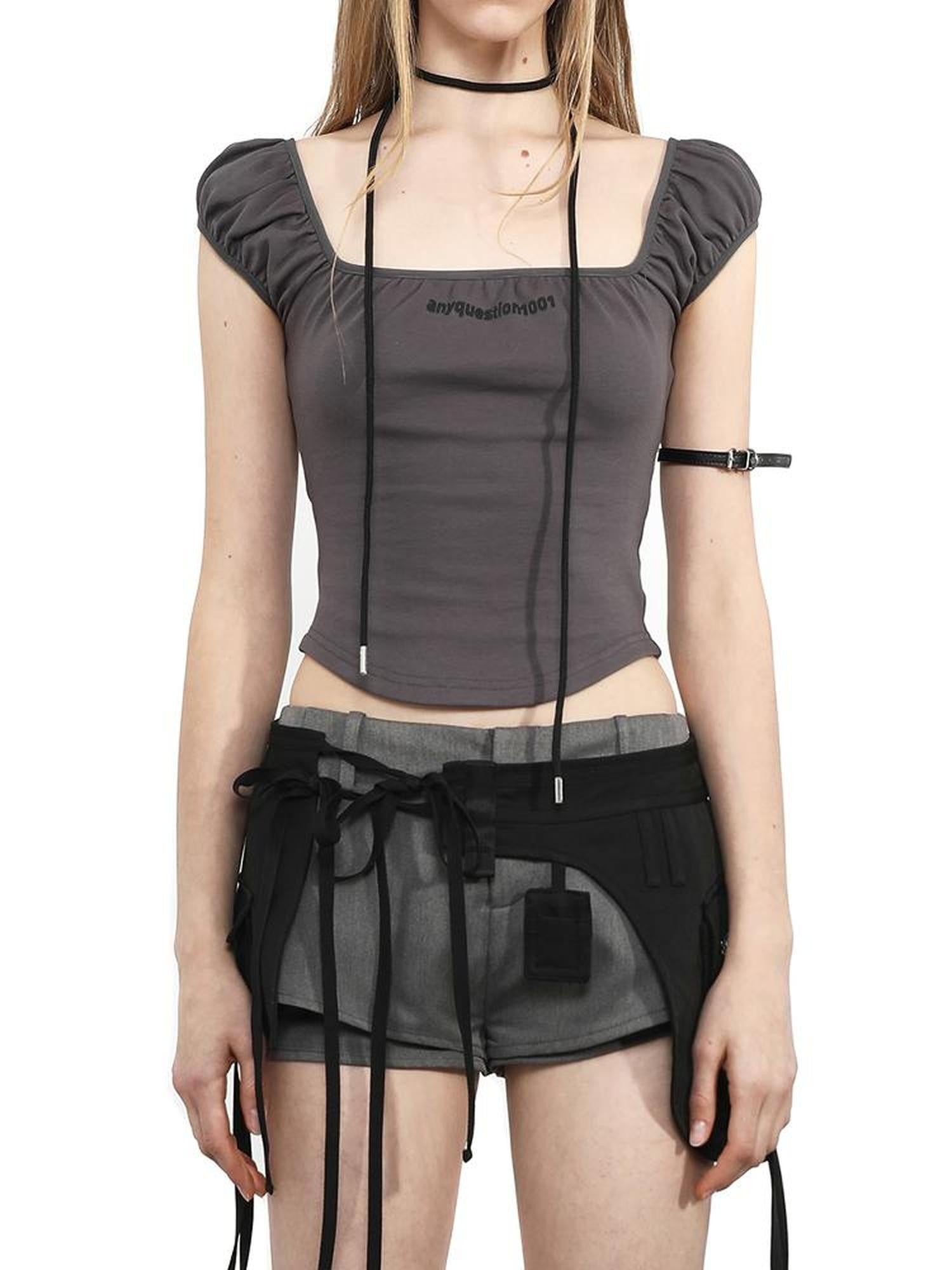 ANYQUESTION Two Tone Letter Print Puff Sleeve Square Neck Slim Crop Women&