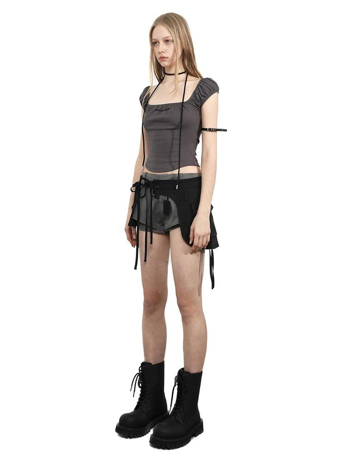 ANYQUESTION Two Tone Letter Print Puff Sleeve Square Neck Slim Crop Women&