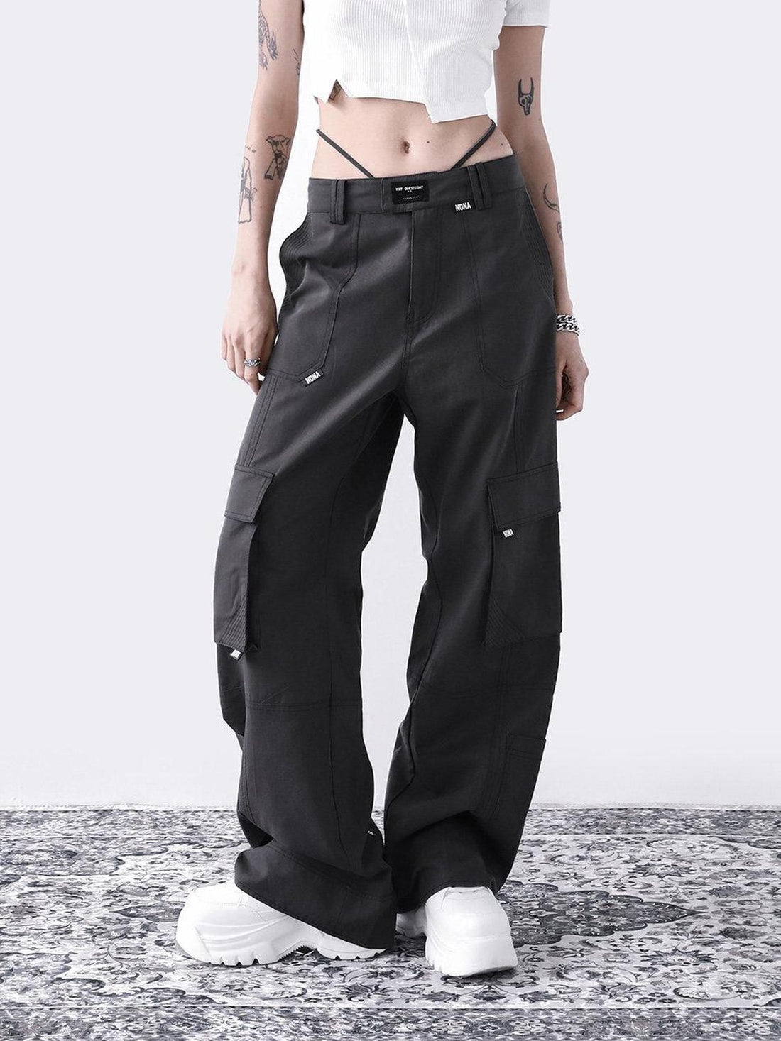 ANYQUESTION Two Tone Split Deconstructed Foldable Pocket Straight Women&