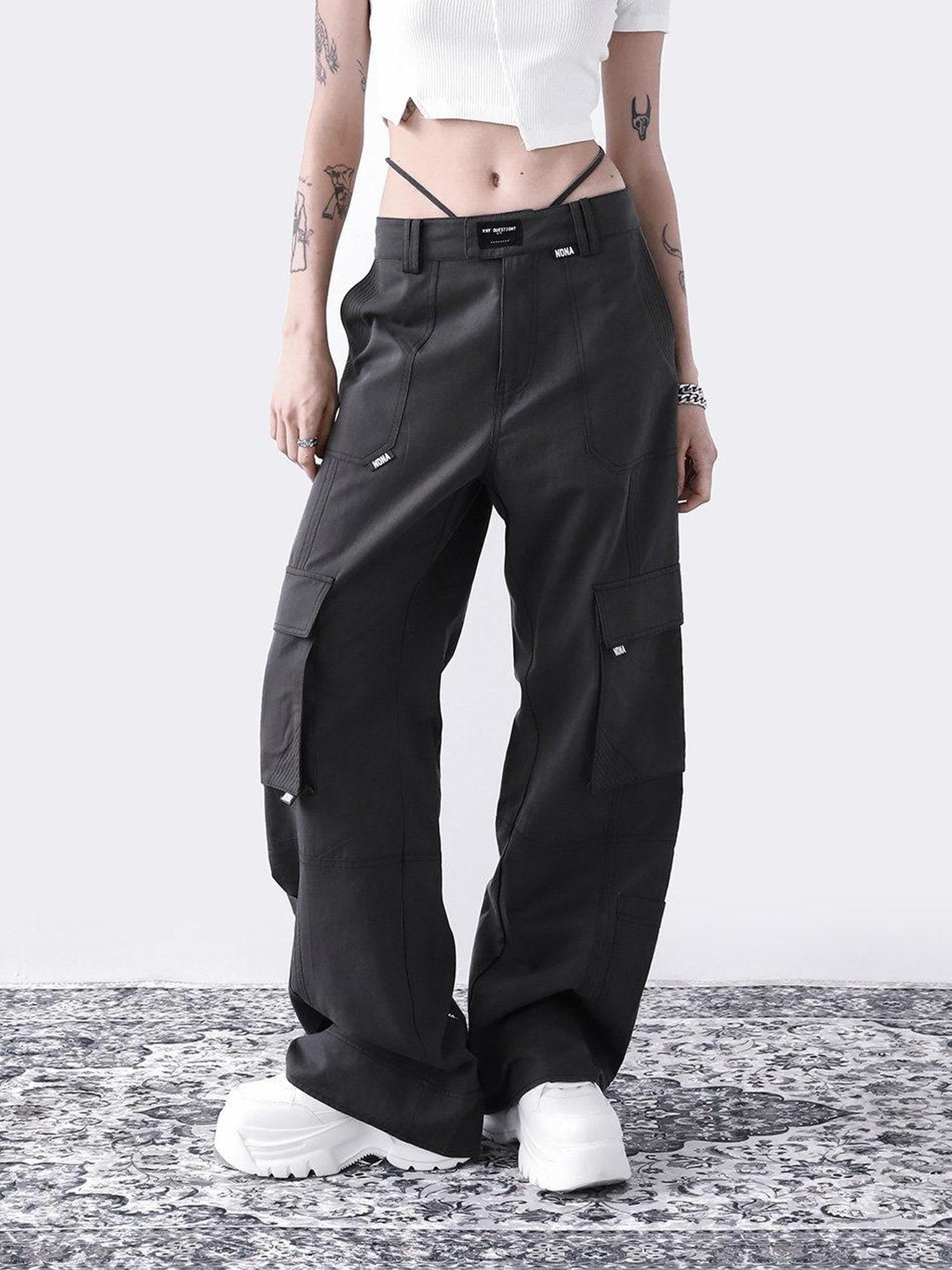 ANYQUESTION Two Tone Split Deconstructed Foldable Pocket Straight Women&