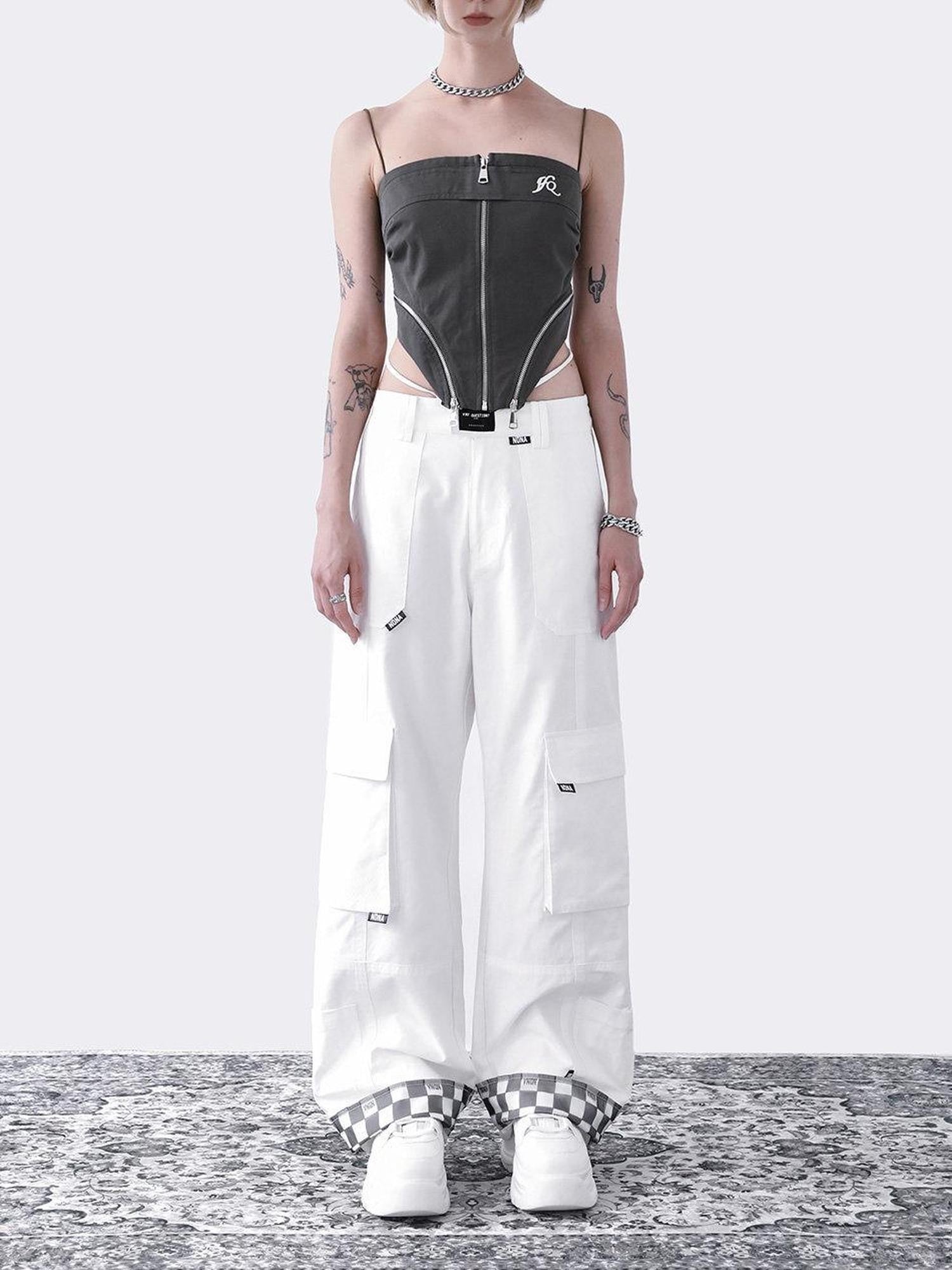 ANYQUESTION Two Tone Split Deconstructed Foldable Pocket Straight Women&