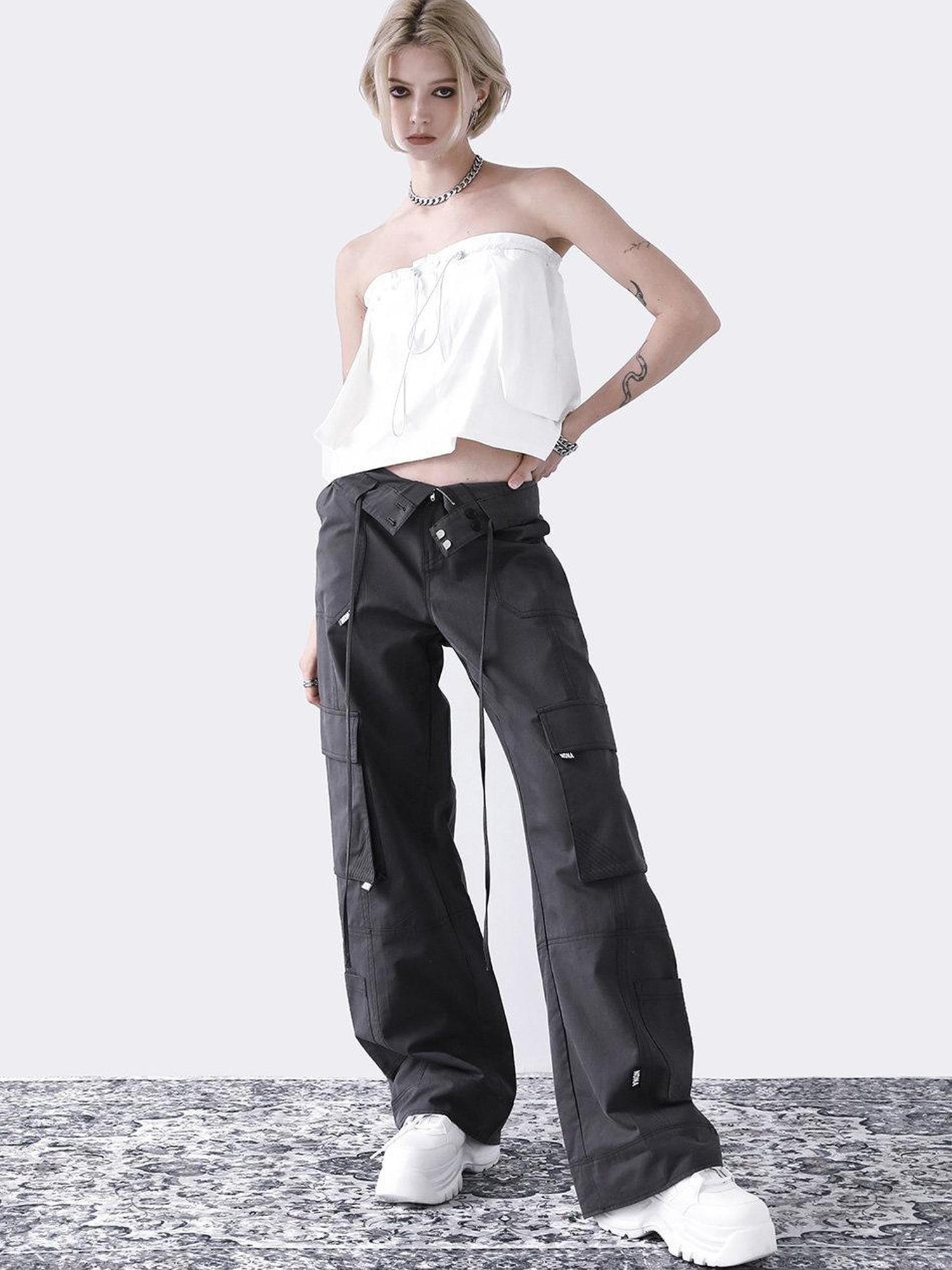 ANYQUESTION Two Tone Split Deconstructed Foldable Pocket Straight Women&