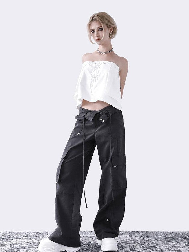 ANYQUESTION Two Tone Split Deconstructed Foldable Pocket Straight Women&