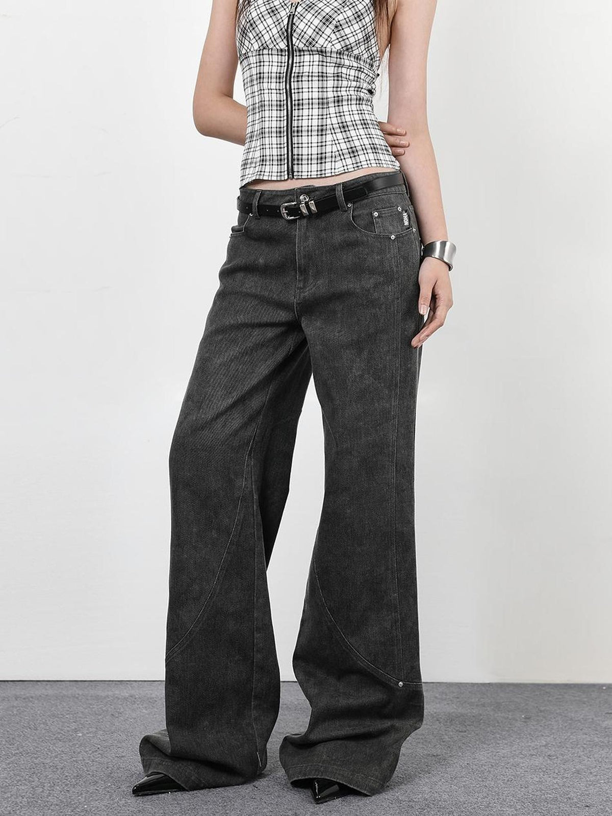 ANYQUESTION Vintage Dark Gray Distressed Split Stud Pocket Women&
