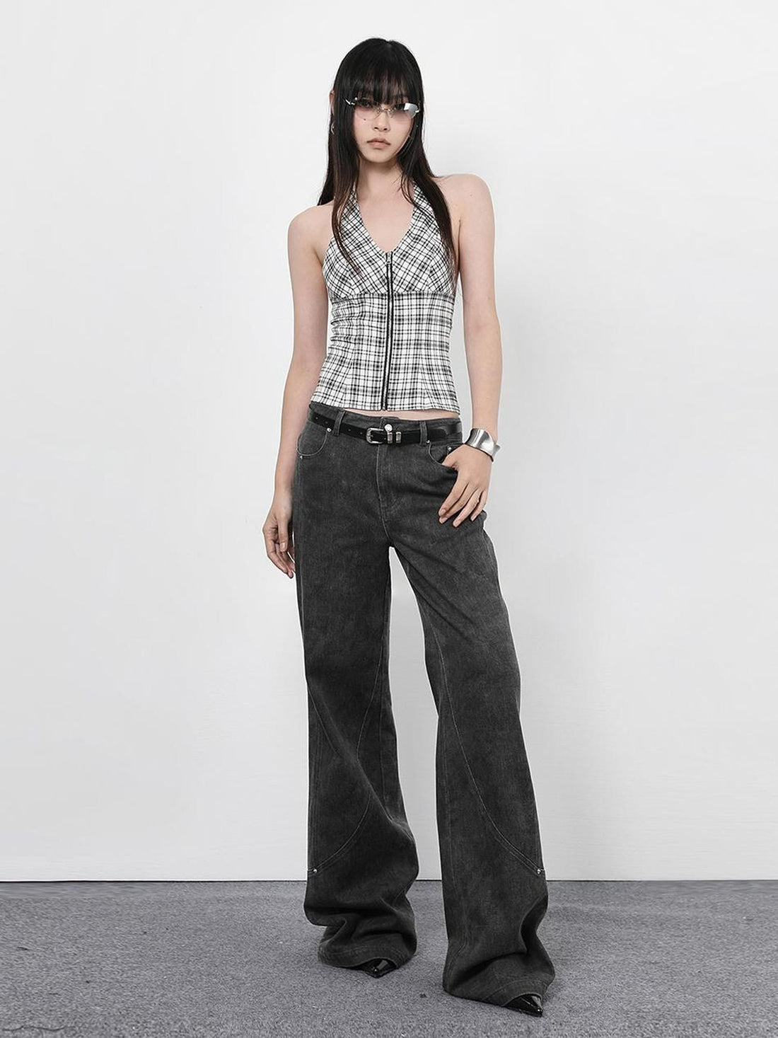 ANYQUESTION Vintage Dark Gray Distressed Split Stud Pocket Women&