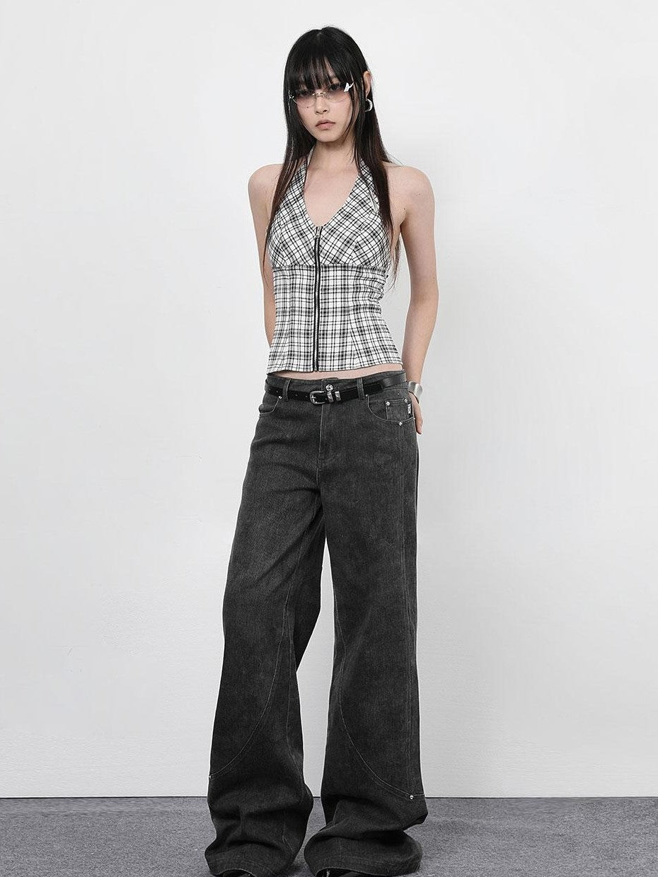 ANYQUESTION Vintage Dark Gray Distressed Split Stud Pocket Women&