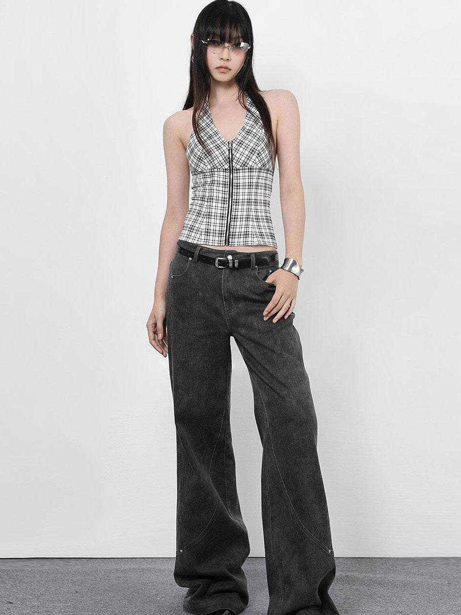ANYQUESTION Vintage Dark Gray Distressed Split Stud Pocket Women&
