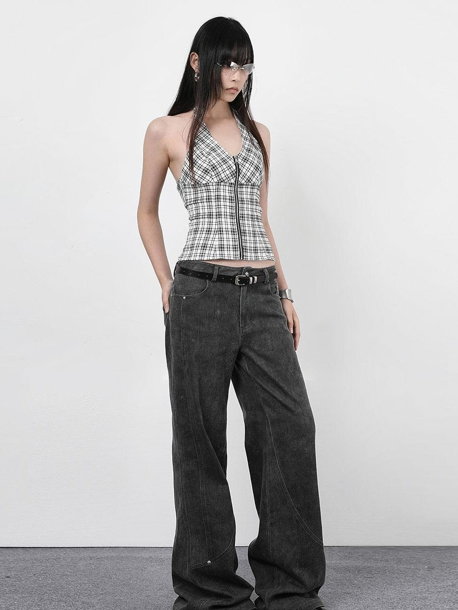 ANYQUESTION Vintage Dark Gray Distressed Split Stud Pocket Women&