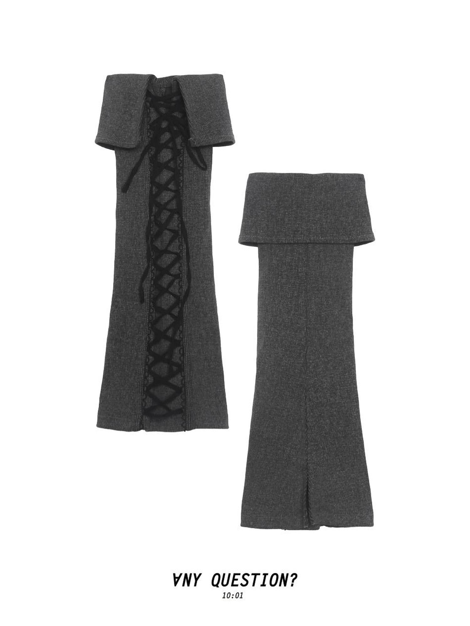 ANYQUESTION Washed Dark Gray Ribbed Fold Over Cross Tie Women&