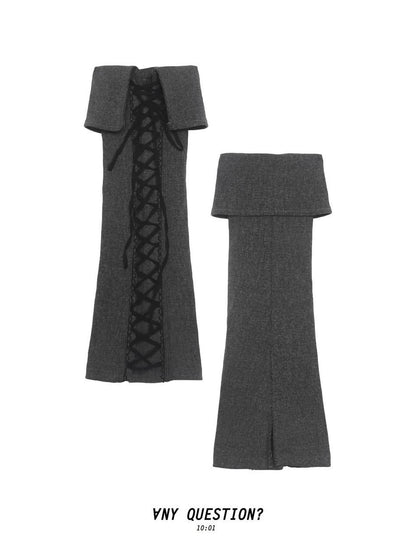 ANYQUESTION Washed Dark Gray Ribbed Fold Over Cross Tie Women&