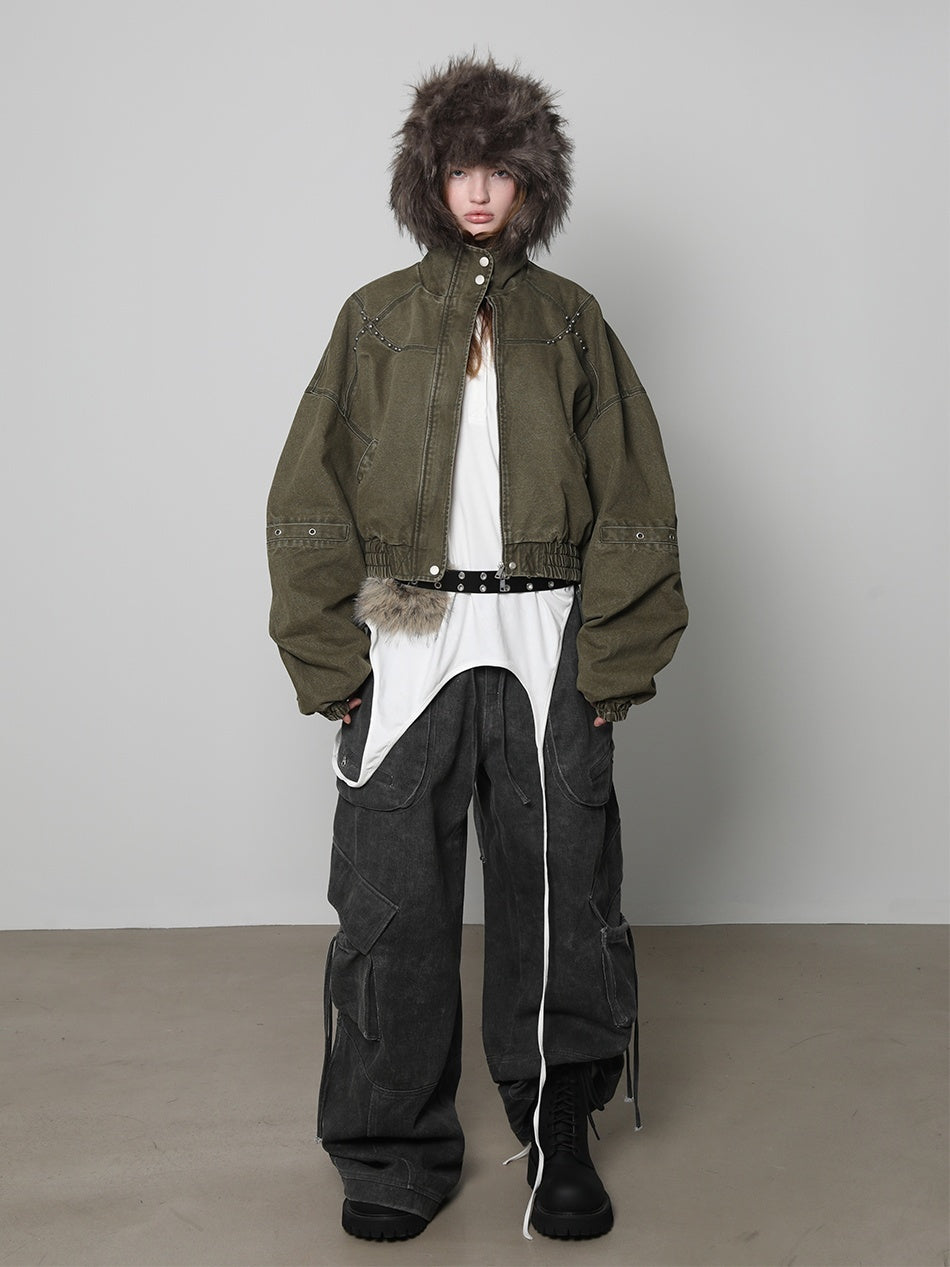 ANYQUESTION_Washed_Distressed_Studded_Stand_Collar_Zip_Cotton_Women&