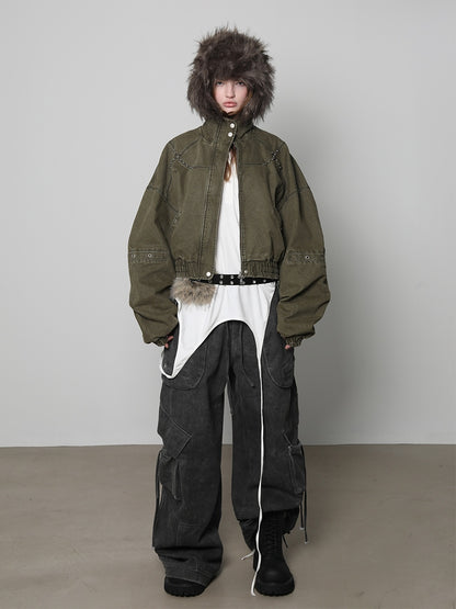 ANYQUESTION_Washed_Distressed_Studded_Stand_Collar_Zip_Cotton_Women&
