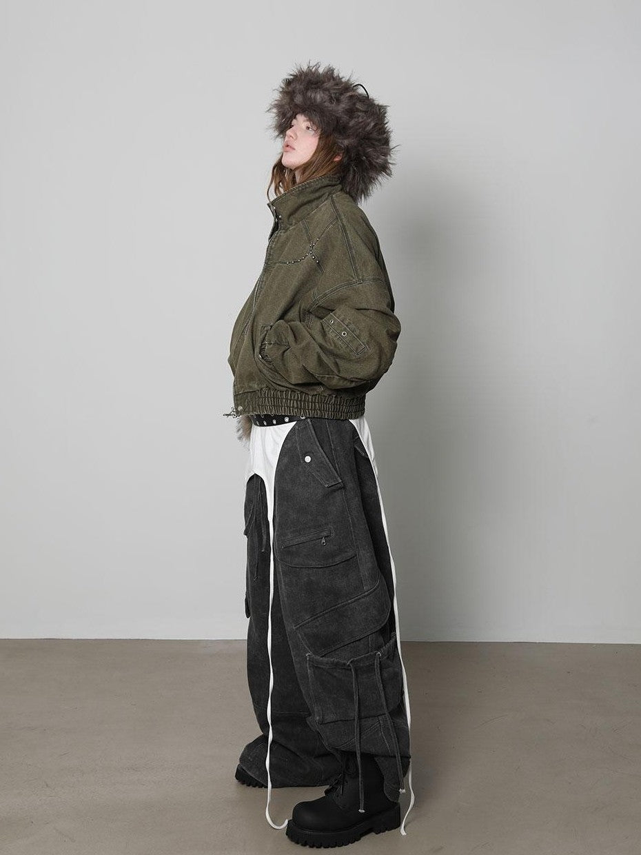 ANYQUESTION Washed Distressed Studded Stand Collar Zip Cotton Women&