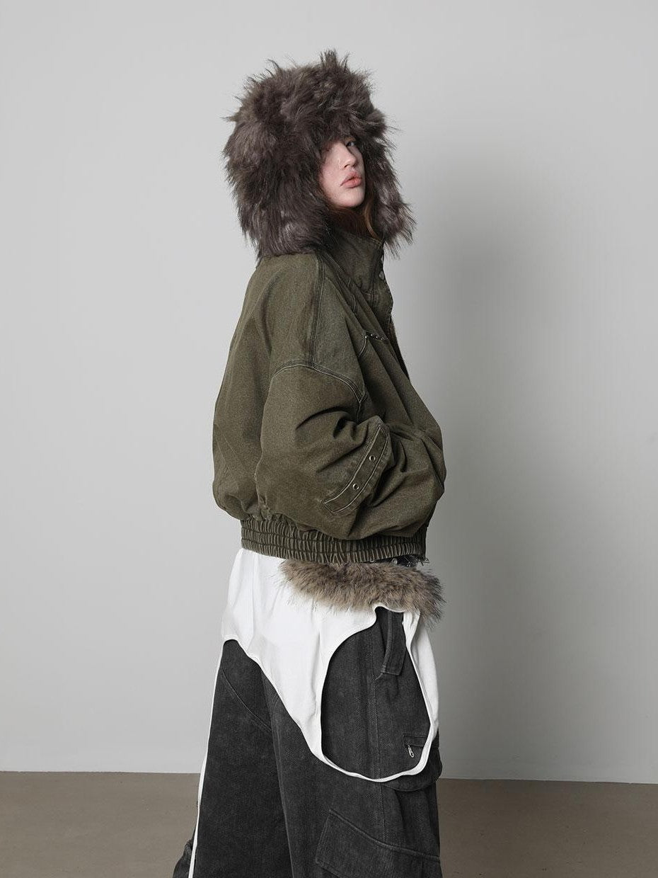 ANYQUESTION Washed Distressed Studded Stand Collar Zip Cotton Women&