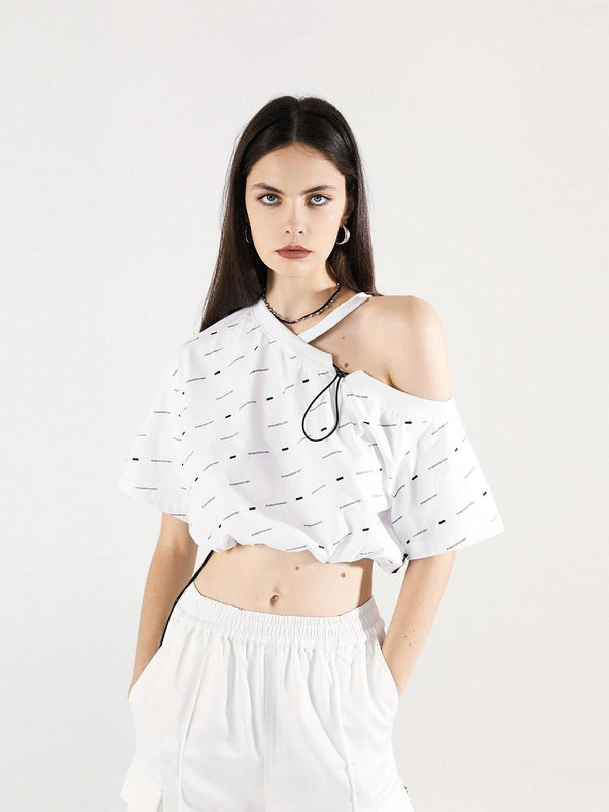ANYQUESTION White All Over Print Drawstring Women&