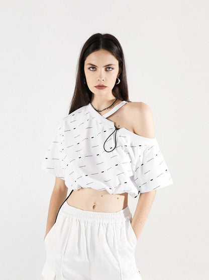 ANYQUESTION White All Over Print Drawstring Women&