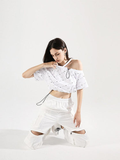 ANYQUESTION White All Over Print Drawstring Women&